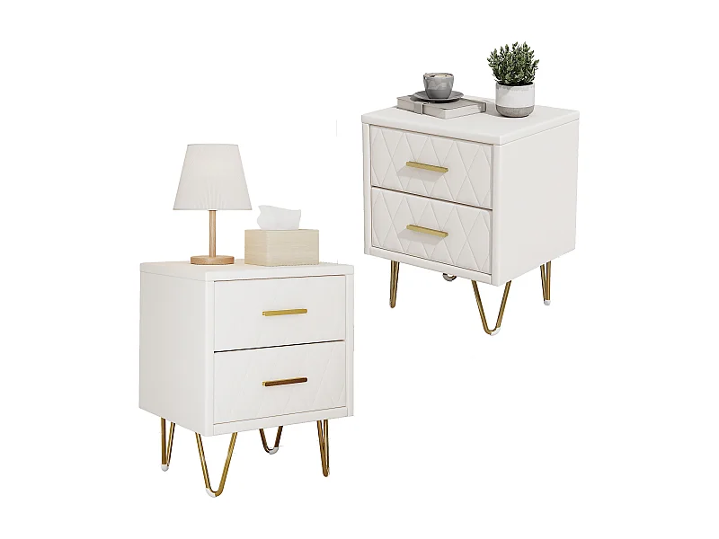2pcs/set Tables de lit avec 2 tiroirs-Meubles de nuit modernes Meuble de nuit de chambre rembourrée PU avec poignées et jambes en or