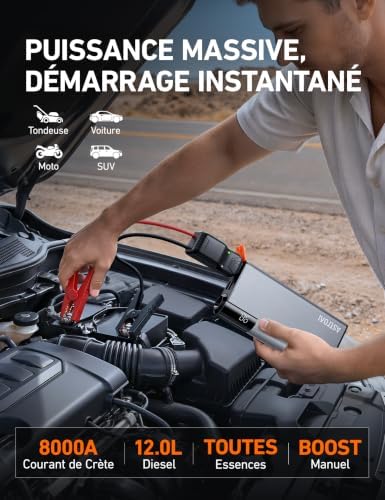 AstroAI Booster Batterie Voiture 8000A, Démarreur de Batterie de Voiture | Alliage Aluminium Dissipation Thermique Stable & Durable, Pinces Intelligentes Upgrade, Lumière LED Batterie Externe USB — vue 3
