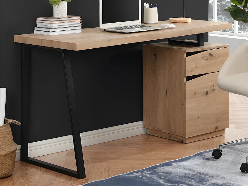 Bureau 1 tiroir et 1 porte - MDF et acier - Coloris : Chêne et noir - GOTAMA