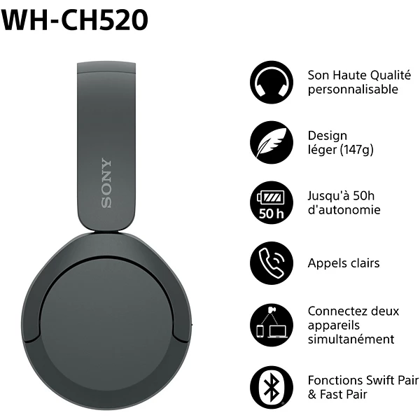 Casque SONY WH-CH520 Noir — vue 2
