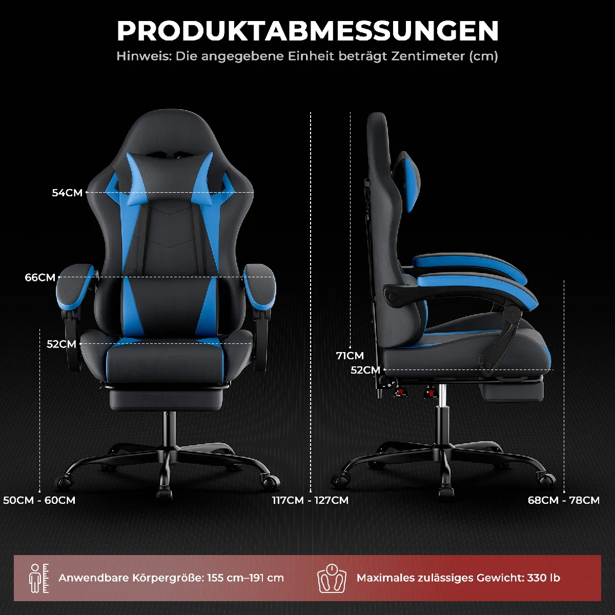DZMDIP Fauteuil gaming ergonomique avec repose-pieds et dossier inclinablee, noir et bleu — vue 5