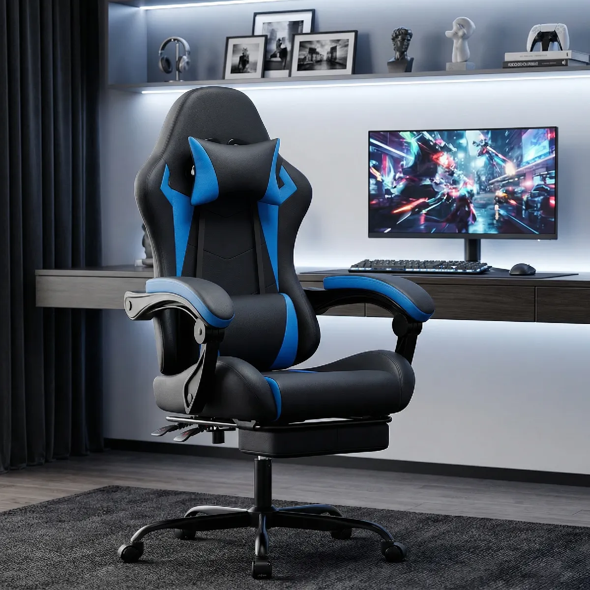 DZMDIP Fauteuil gaming ergonomique avec repose-pieds et dossier inclinablee, noir et bleu — vue 2