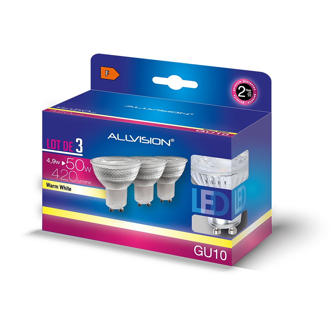 LED Spot GU10 4,9W=50W 420 lumens  3000K  lot de 3