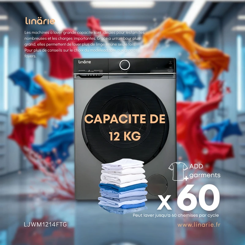 Linarie Lave-linge hublot Orsan LJWM1214FTG Gris 12kg 1400 tours moteur Direct Drive 14 programmes & vapeur Classe A — vue 2