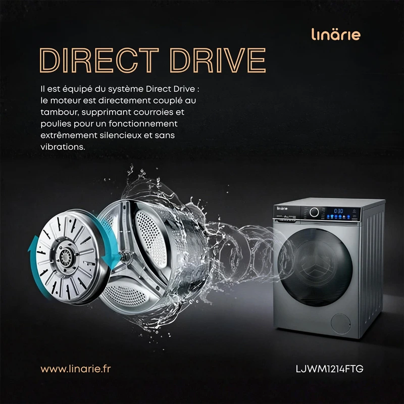 Linarie Lave-linge hublot Orsan LJWM1214FTG Gris 12kg 1400 tours moteur Direct Drive 14 programmes & vapeur Classe A — vue 3