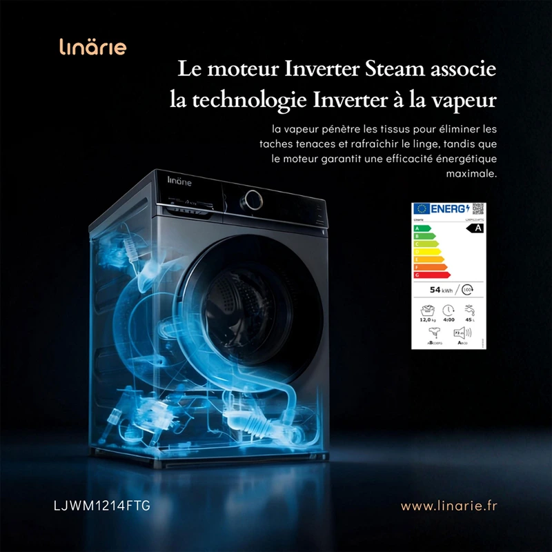 Linarie Lave-linge hublot Orsan LJWM1214FTG Gris 12kg 1400 tours moteur Direct Drive 14 programmes & vapeur Classe A — vue 4