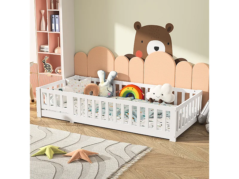 Lit pour enfants-Montessori lit de plancher bébé avec protection contre les chutes et cadre à lames-bois de pin massif--90x200cm