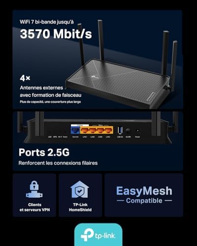TP-Link Archer BE3600 Routeur WiFi 7, Vitesse jusquà 3,6 Gbit/s, bi-Bande, 2 Ports 2.5G, USB 3.0, 4 antennes à Haute Performance, EasyMesh, WPA3, Contrôle Parental, Antivirus intégré — vue 3