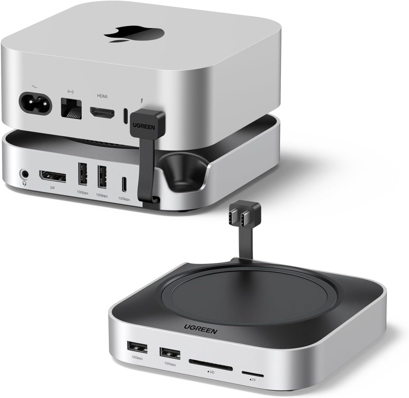 UGREEN Station d'accueil et Support pour Mac Mini M4 et M4 Pro Docking Station Hub USB C avec Boîtier M.2 NVME SSD DisplayPort 4K 240Hz 144Hz 5 USB 3.2 4A1C 10Gbps Fente SD TF 3.5mm Aux