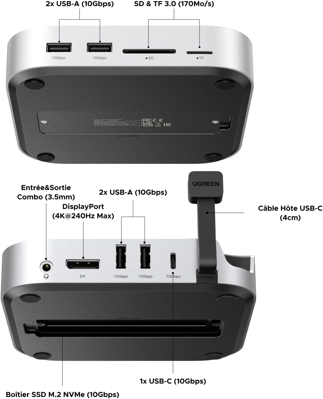 UGREEN Station d'accueil et Support pour Mac Mini M4 et M4 Pro Docking Station Hub USB C avec Boîtier M.2 NVME SSD DisplayPort 4K 240Hz 144Hz 5 USB 3.2 4A1C 10Gbps Fente SD TF 3.5mm Aux — vue 2