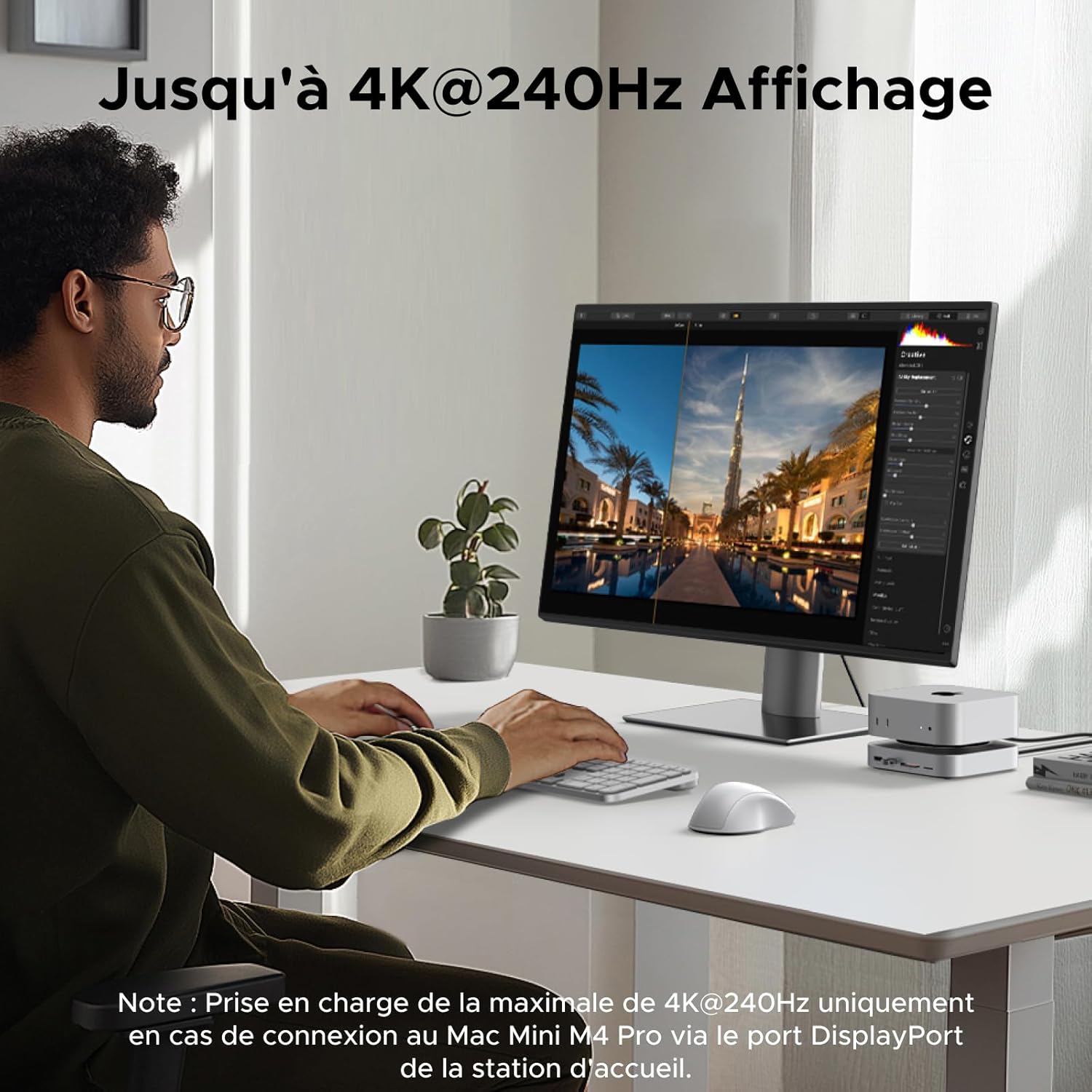 UGREEN Station d'accueil et Support pour Mac Mini M4 et M4 Pro Docking Station Hub USB C avec Boîtier M.2 NVME SSD DisplayPort 4K 240Hz 144Hz 5 USB 3.2 4A1C 10Gbps Fente SD TF 3.5mm Aux — vue 3